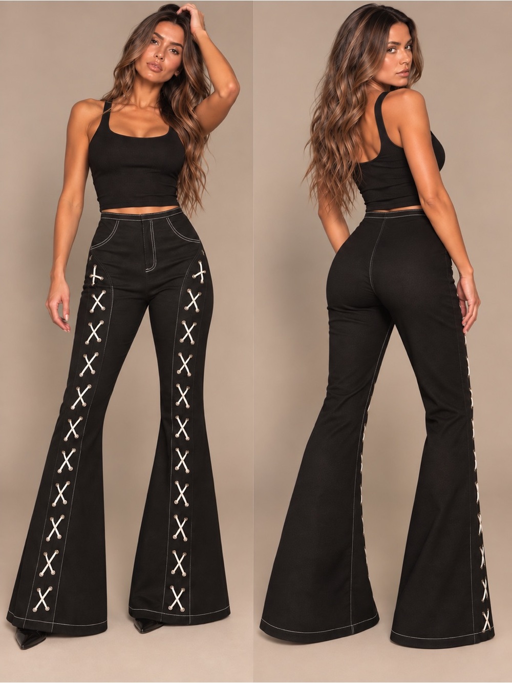 PrettyLittleThing Black Lace Up Flare Pants Y2K Contrast Stitch US 8